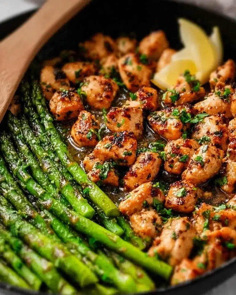 Delicious Garlic Butter Chicken Bites with fresh asparagus on a plate