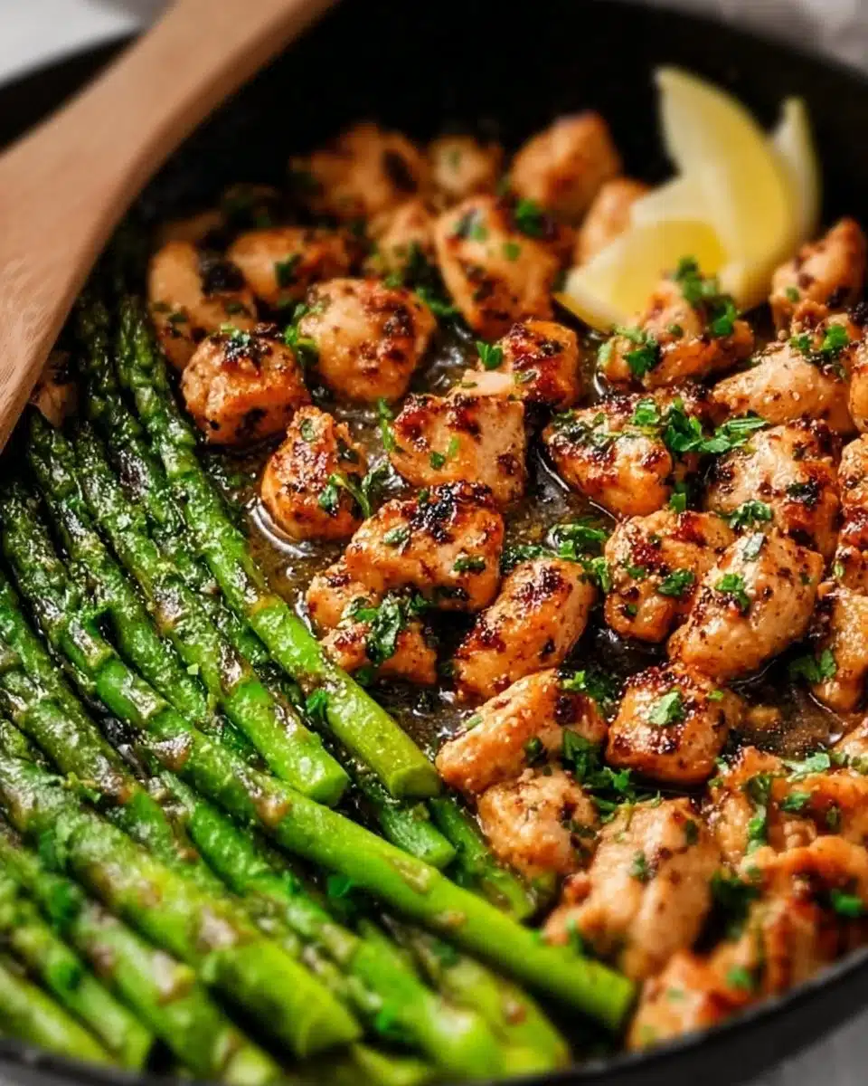 Delicious Garlic Butter Chicken Bites with fresh asparagus on a plate
