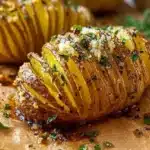 Delicious garlic butter Hasselback potatoes served on a platter.