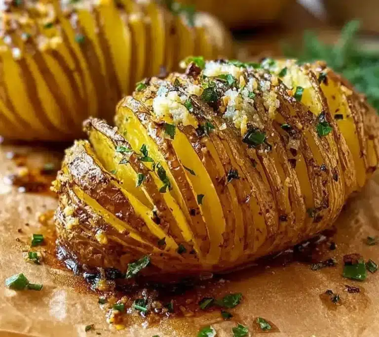 Delicious garlic butter Hasselback potatoes served on a platter.