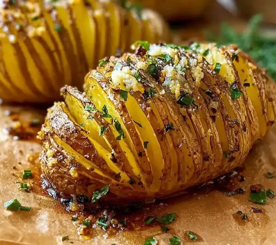 Delicious garlic butter Hasselback potatoes served on a platter.