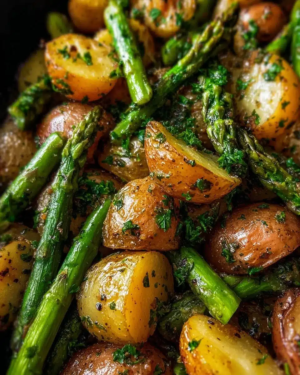 Garlic herb roasted potatoes and asparagus served on a plate.