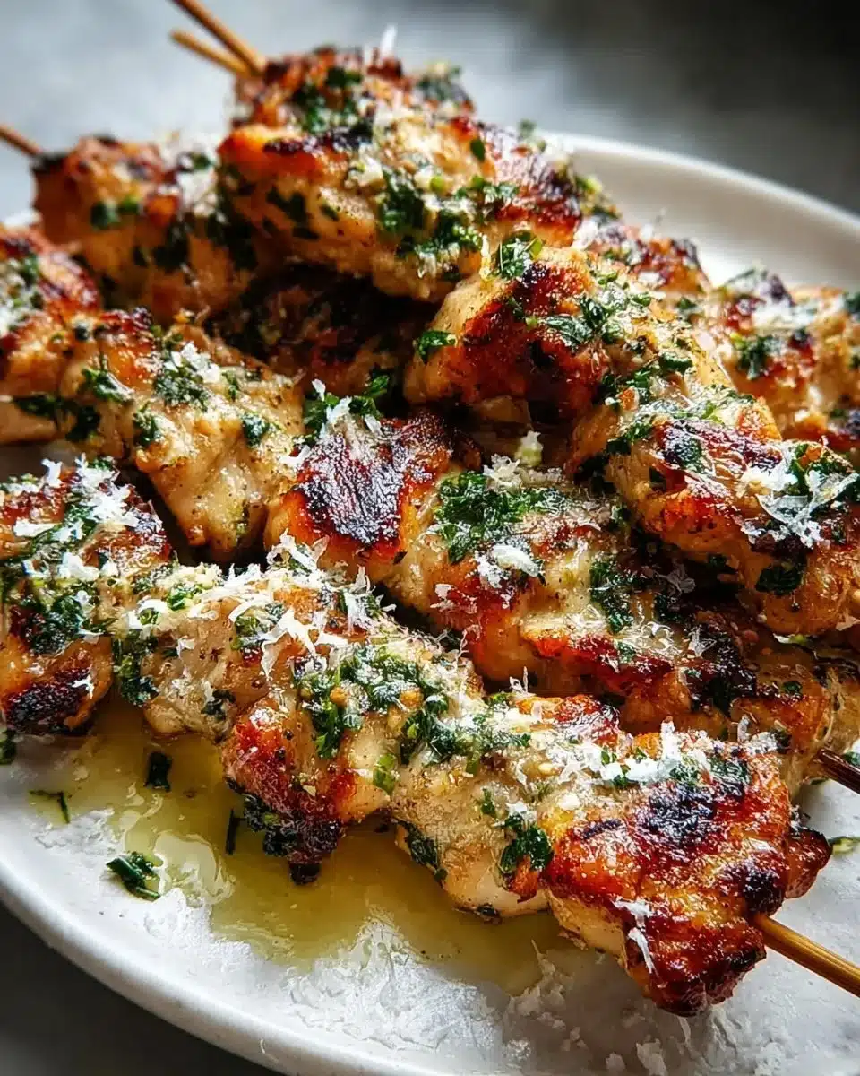 Garlic Parmesan Chicken Skewers ready for grilling, garnished with fresh parsley.