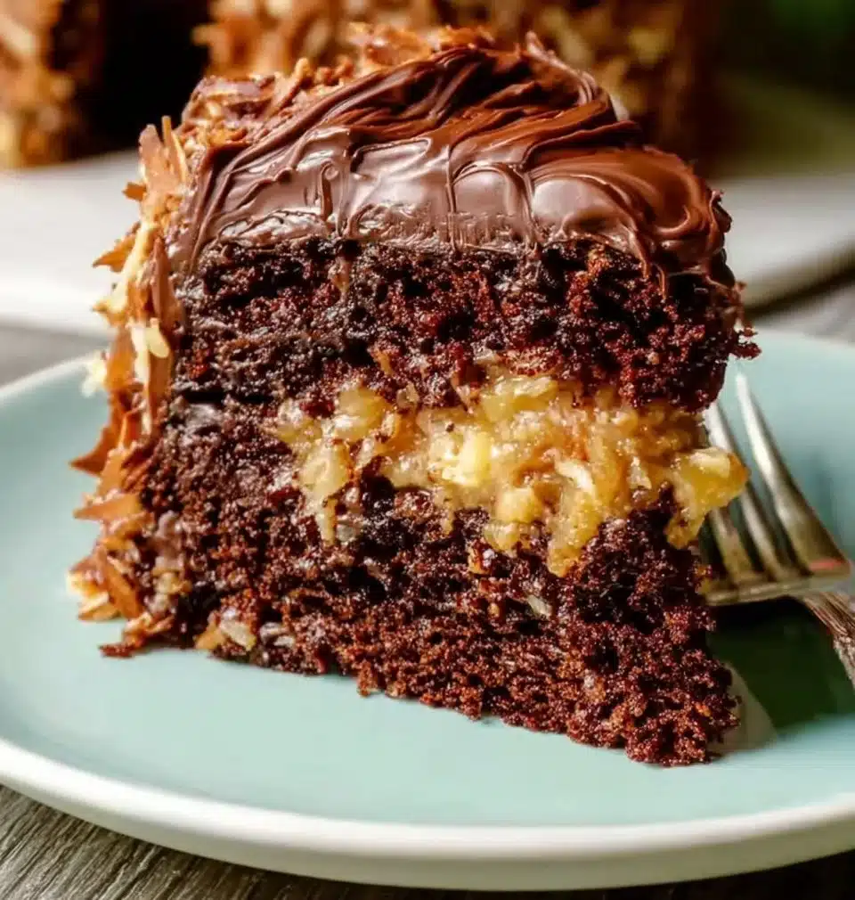 Slice of delicious German Chocolate Cake topped with coconut frosting