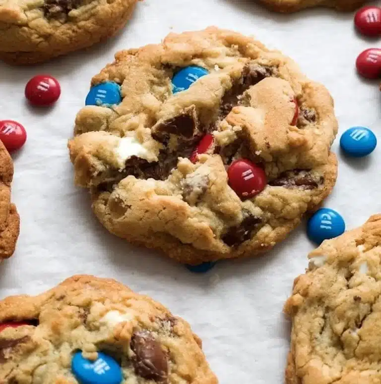 Close-up of giant monster cookies loaded with chocolate chips and oats.