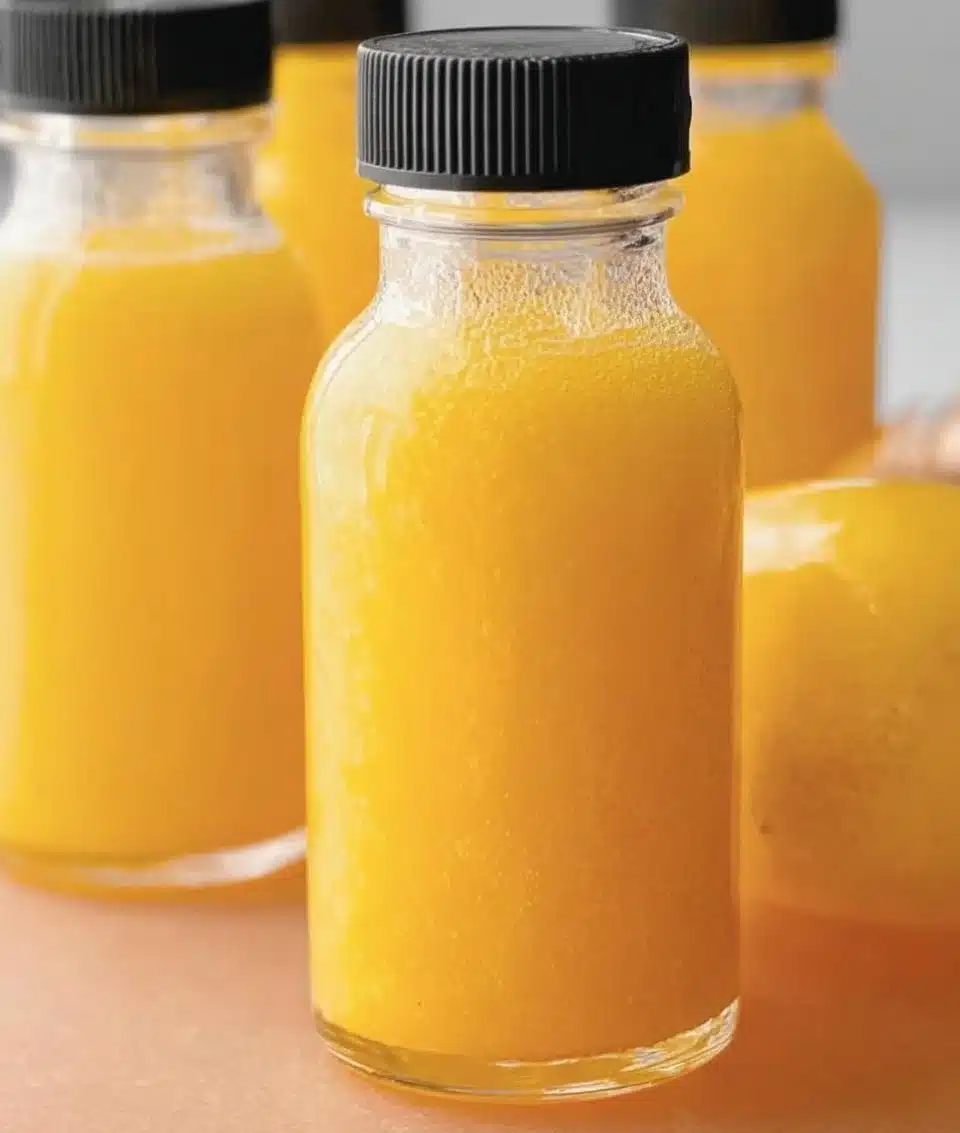 A refreshing ginger shot served in a small glass on a wooden background.