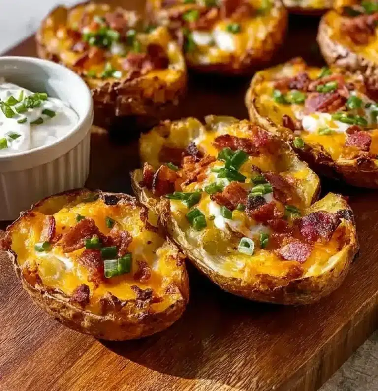 Golden Texas Roadhouse potato skins topped with cheese and bacon