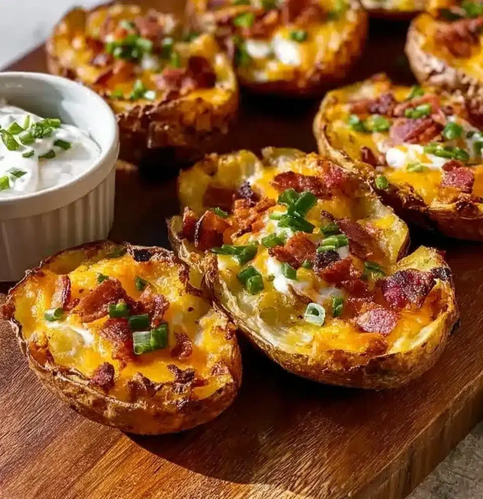 Golden Texas Roadhouse potato skins topped with cheese and bacon