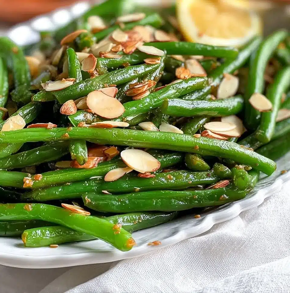 Green Beans Almondine with toasted almonds and a garnish of lemon zest