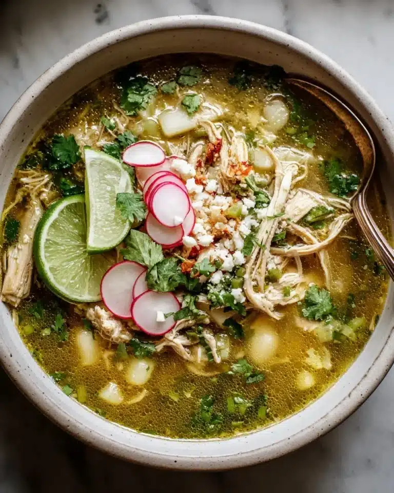 Delicious bowl of Green Chicken Pozole garnished with fresh herbs and lime