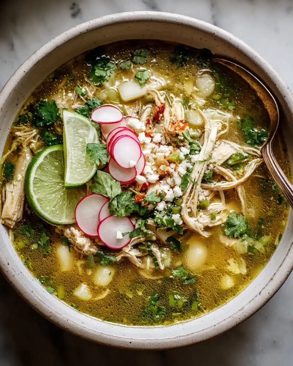 Delicious bowl of Green Chicken Pozole garnished with fresh herbs and lime