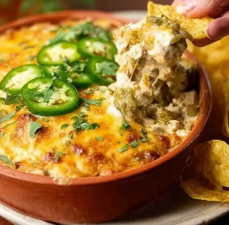 Green Chile Chicken Enchilada Dip served in a bowl with tortilla chips