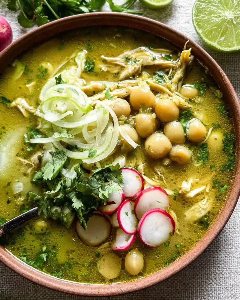 Bowl of Green Pozole with green salsa and garnishes