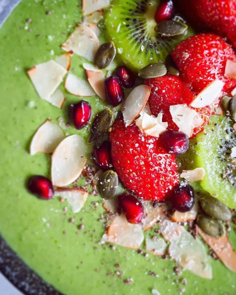 Delicious green smoothie bowl topped with fruits and seeds