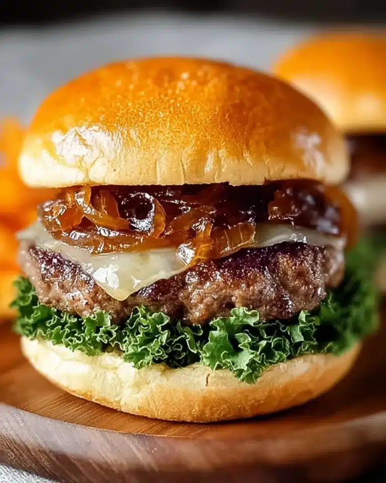 Grilled burgers topped with caramelized onions on a plate