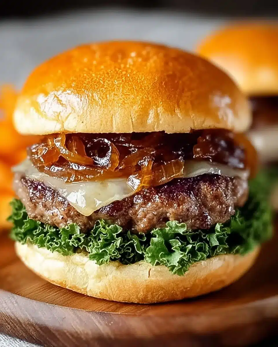 Grilled burgers topped with caramelized onions on a plate