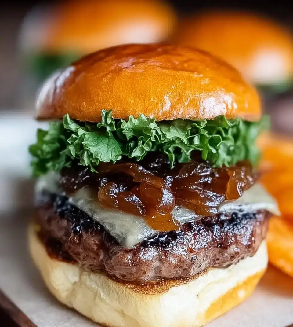 Grilled Burgers with Caramelized Onions and Balsamic Mayo