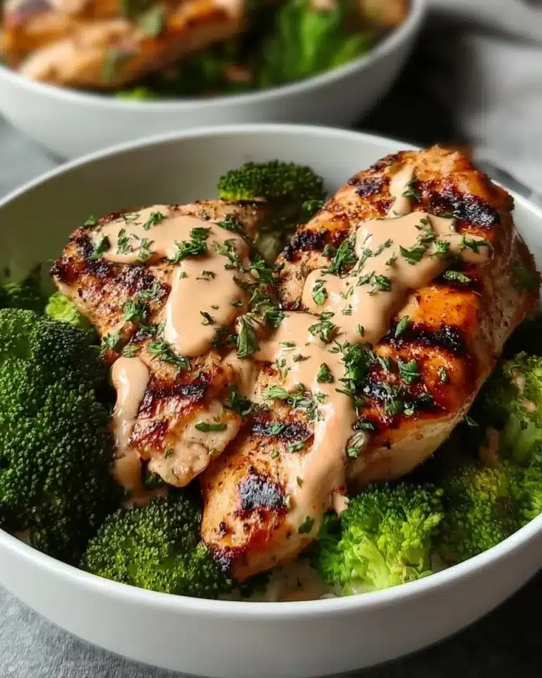 Grilled chicken and broccoli bowl with fresh vegetables and sauce