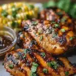 Grilled hot honey chicken on a plate garnished with herbs
