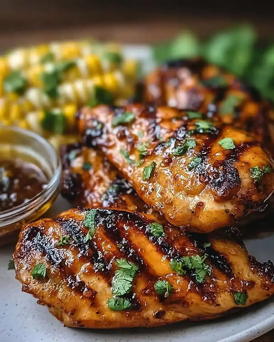 Grilled hot honey chicken on a plate garnished with herbs