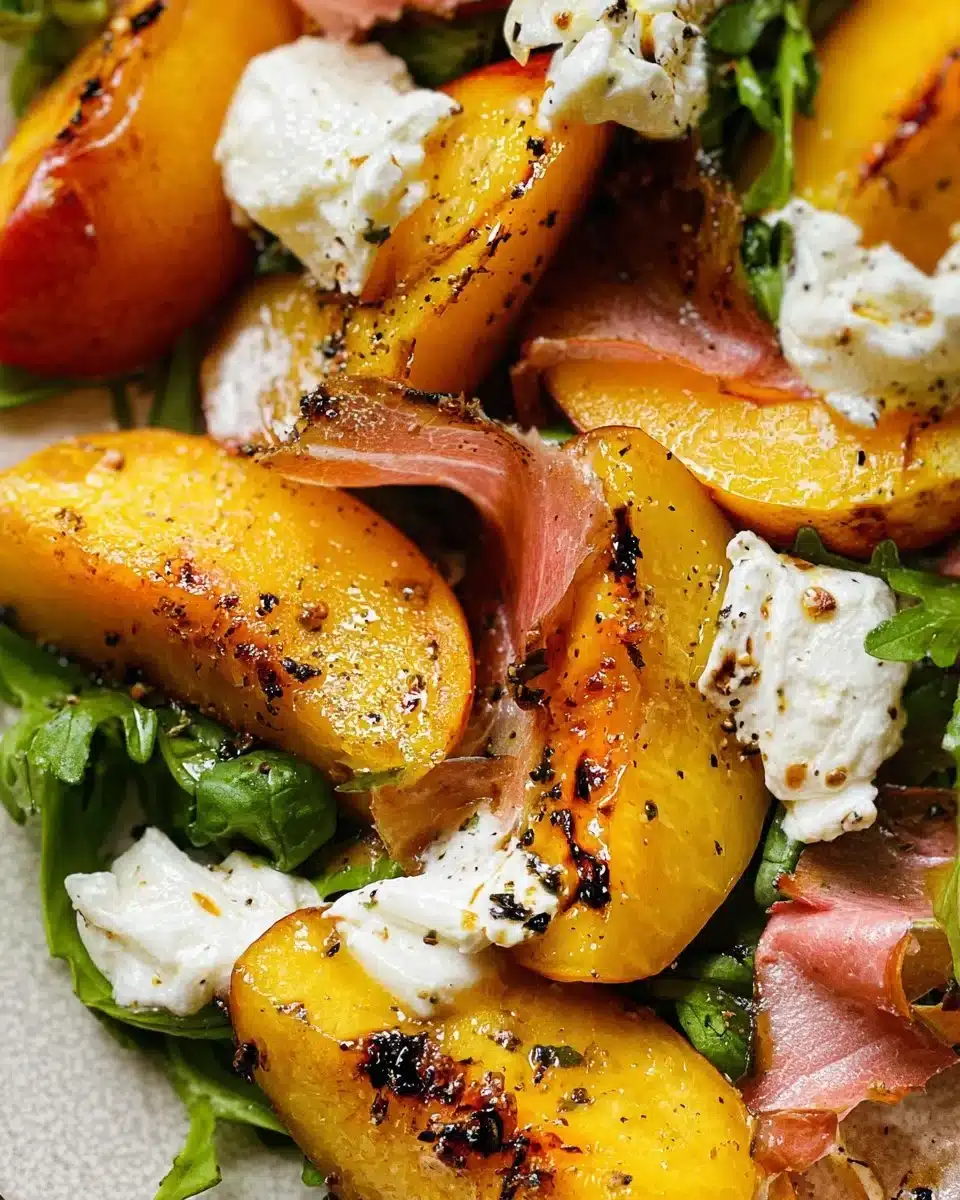 Grilled Peach and Burrata Salad with fresh greens and balsamic glaze