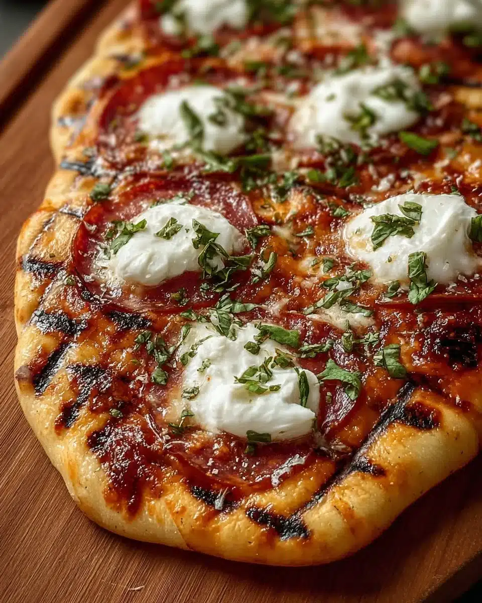 Delicious grilled pizza topped with fresh ingredients on a barbecue grill