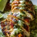 Grilled Salsa Verde Chicken with Pepper Jack cheese on a plate