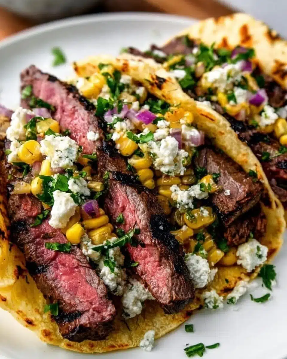 Grilled steak tacos served in corn tortillas with fresh toppings