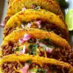 Plate of flavorful ground beef tacos with fresh toppings