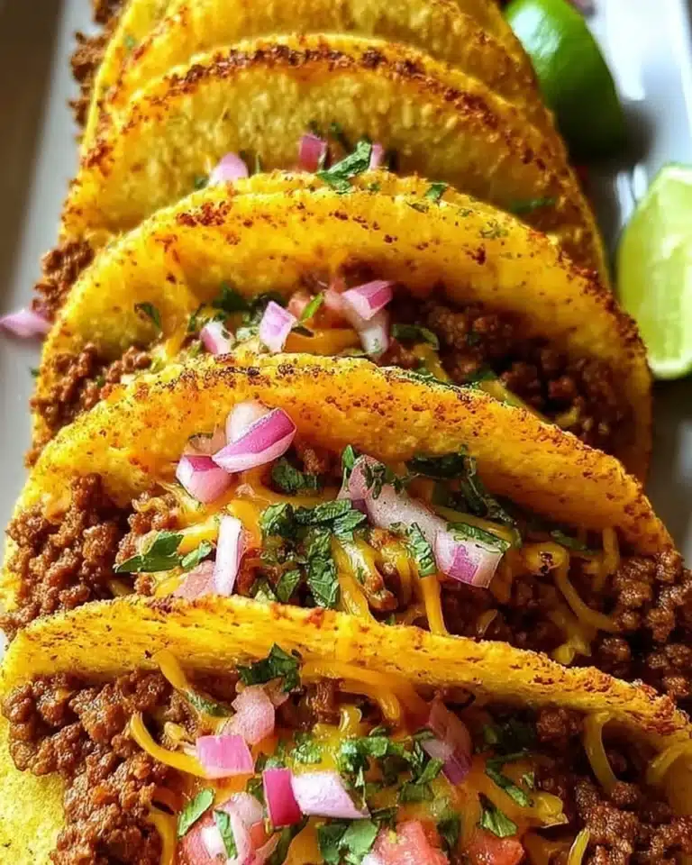 Plate of flavorful ground beef tacos with fresh toppings