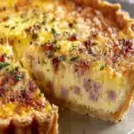 Delicious ham and cheese quiche prepared with flaky crust and fresh ingredients