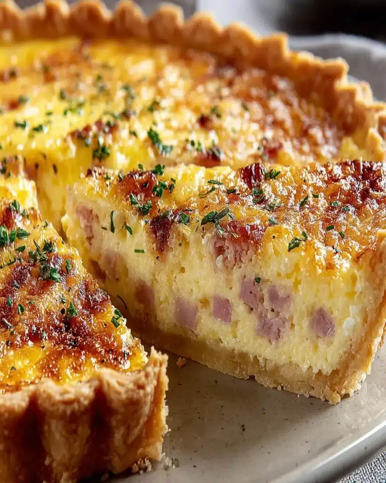 Delicious Ham and Cheese Quiche served in a rustic pie dish