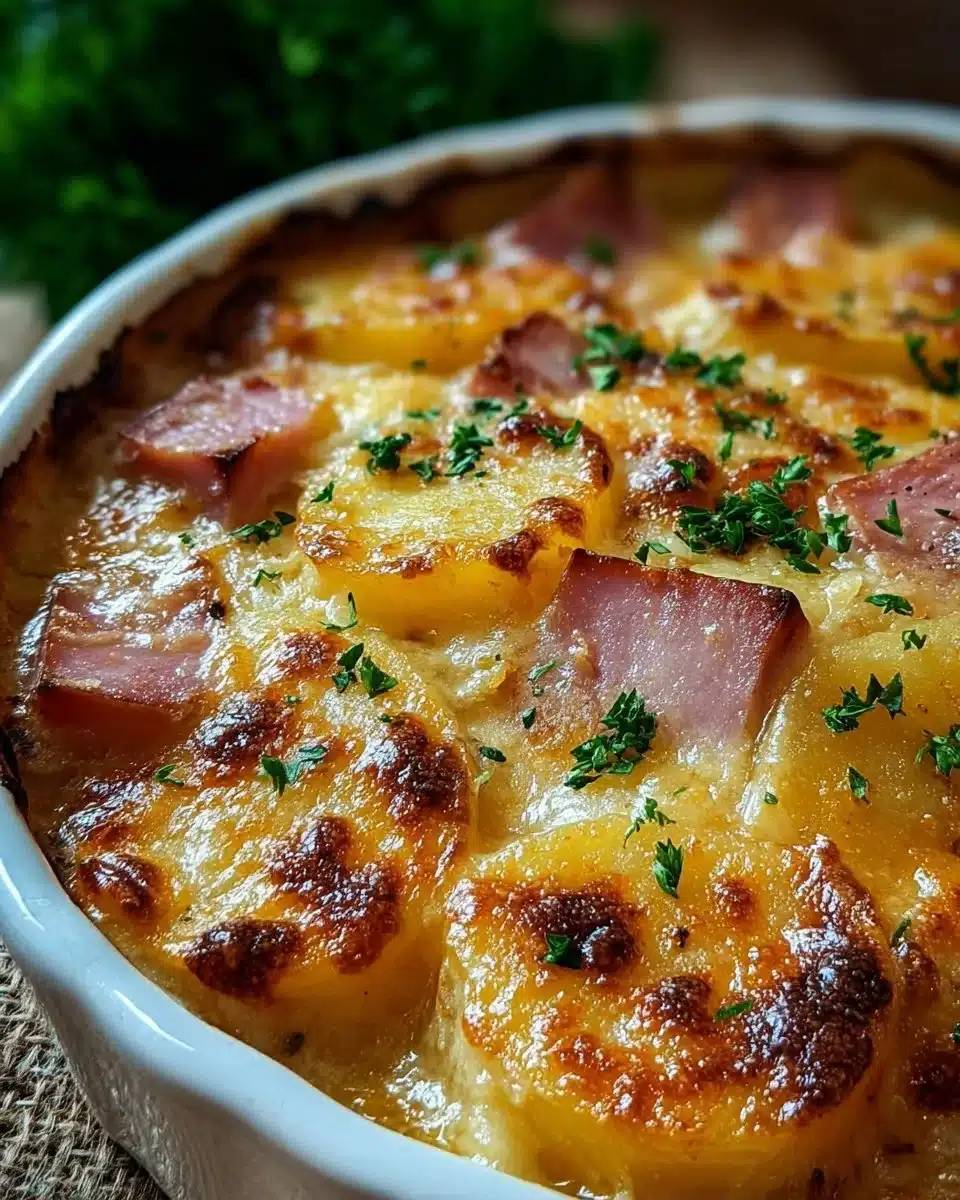Delicious Ham and Potato Au Gratin baked to perfection.