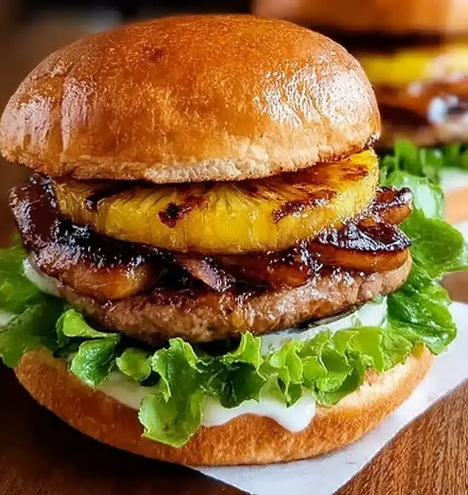 Delicious Hawaiian Teriyaki Pineapple Burger with fresh pineapple slice