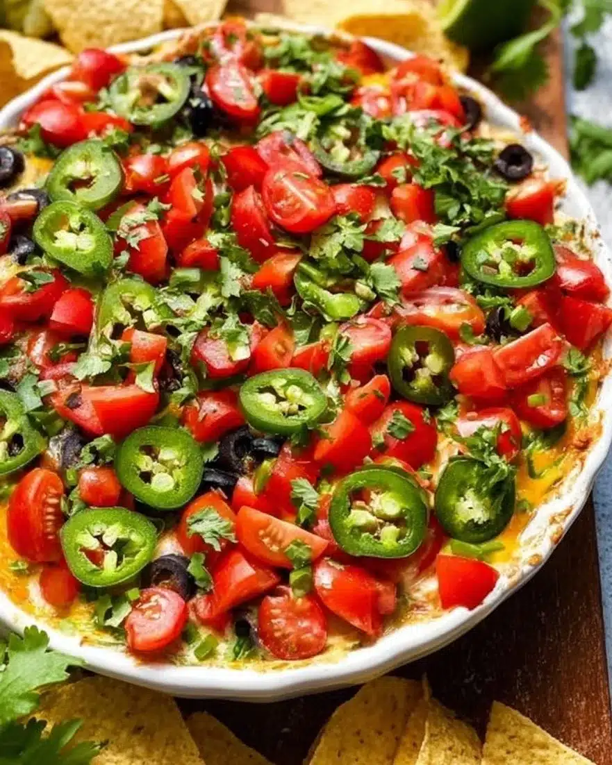 Healthy 7-layer dip served in a colorful dish with fresh ingredients