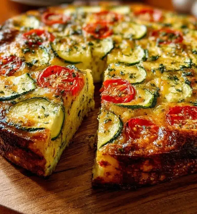 Delicious herbed zucchini tomato quiche slice on a plate