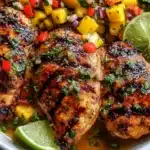 Honey Lime Chicken served with vibrant Mango Salsa on a plate