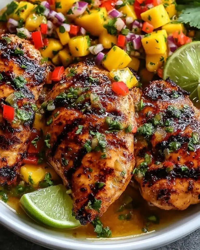 Honey Lime Chicken served with vibrant Mango Salsa on a plate