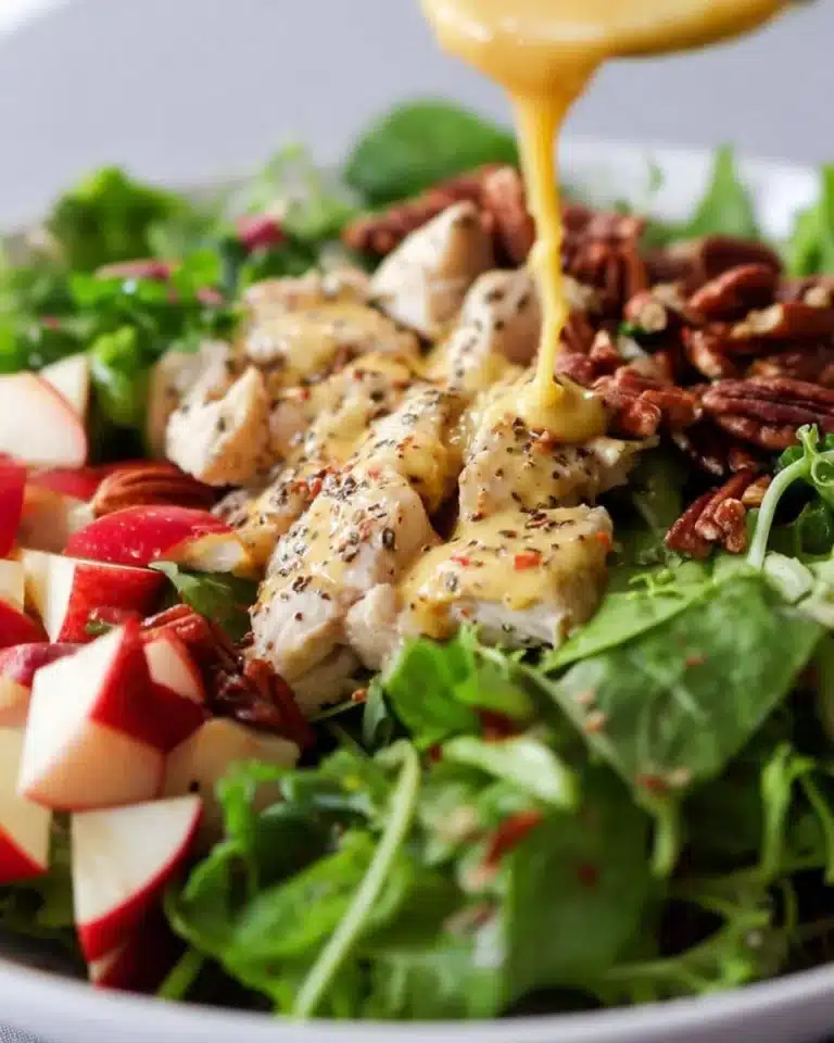 A vibrant bowl of Honey Mustard Chicken Salad with greens and creamy dressing