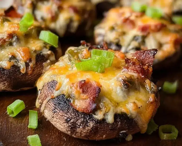 Jalapeño Popper Mushrooms topped with cheese in a baking dish