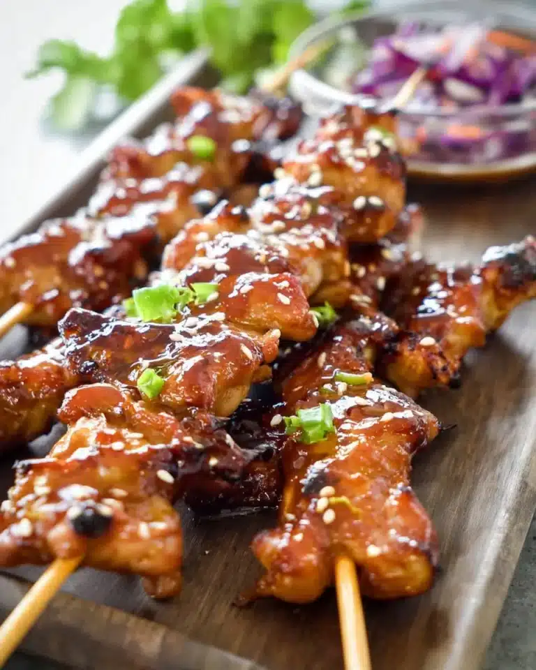 Deliciously grilled Japanese Chicken Yakitori on skewers served with dipping sauce.