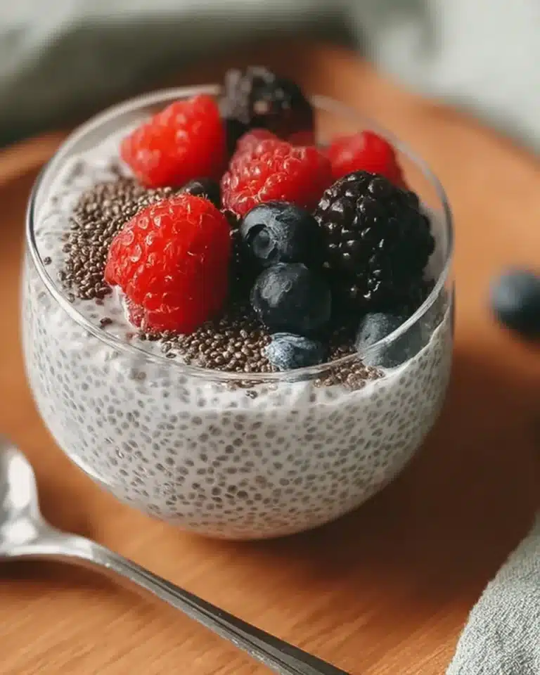 Delicious Keto Chia Seed Pudding topped with fresh berries in a bowl