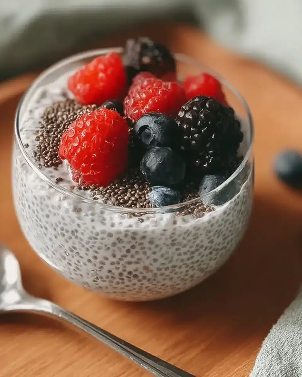 Delicious Keto Chia Seed Pudding topped with fresh berries in a bowl