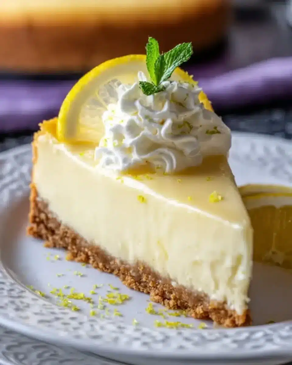 Delicious slice of key lime cheesecake topped with whipped cream and lime zest.