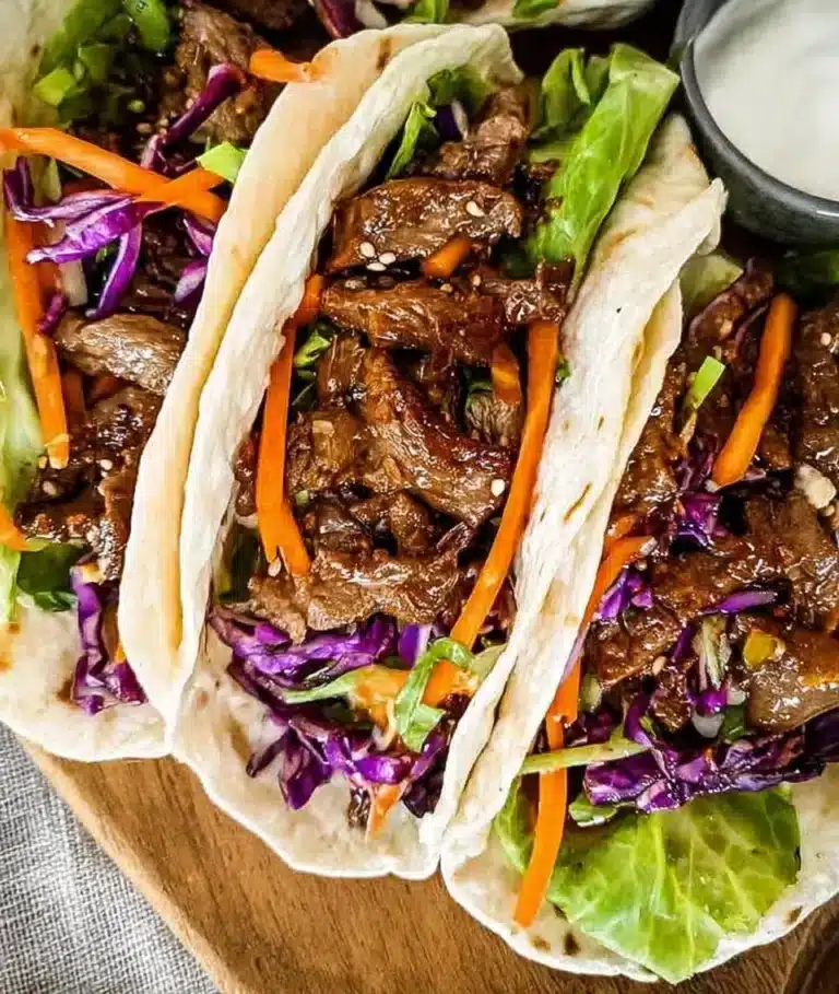 Korean BBQ beef tacos topped with fresh vegetables and sauces