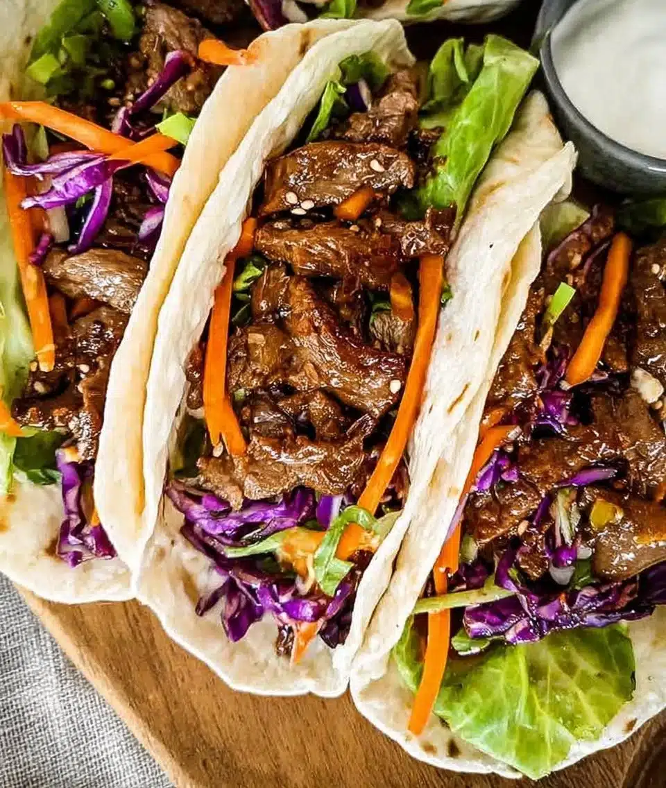 Korean BBQ beef tacos topped with fresh vegetables and sauces