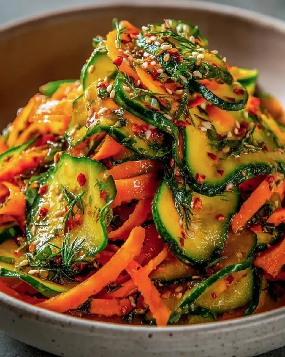 Korean cucumber carrot salad in a bowl with vibrant vegetables and dressing