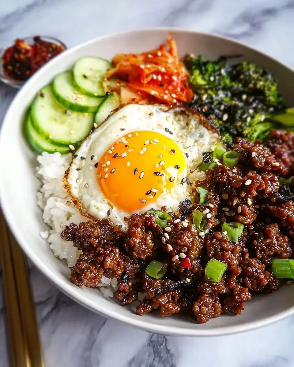 Bowl of Korean Ground Beef served with rice and vegetables