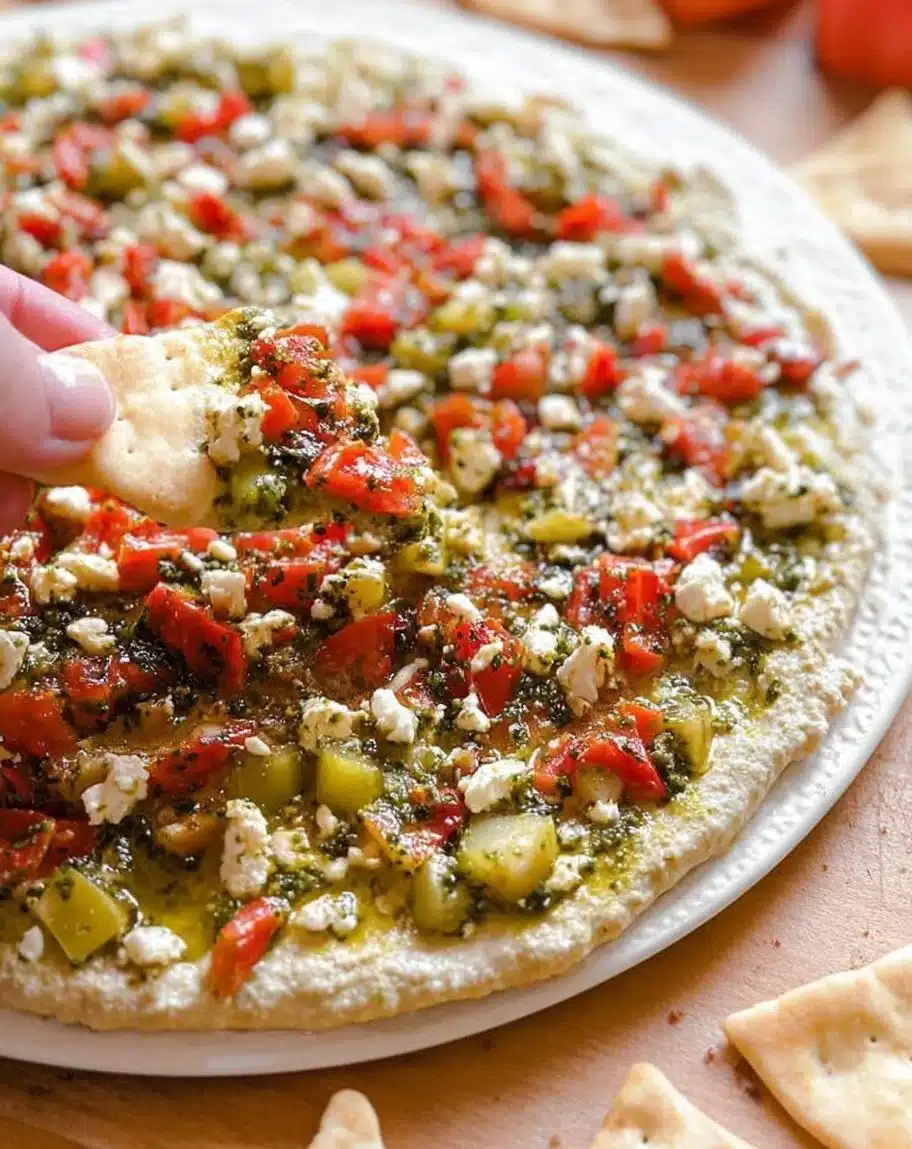 Layered pesto appetizer dip served in a bowl with fresh herbs on top.