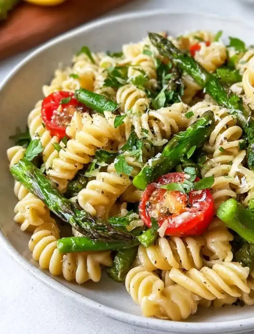 A vibrant Lemon Asparagus Pasta Salad garnished with fresh herbs